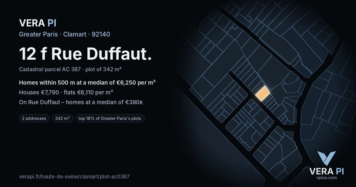 12 f Rue Duffaut, Clamart at night – the plot lit, the parcels around coloured by the prices near them