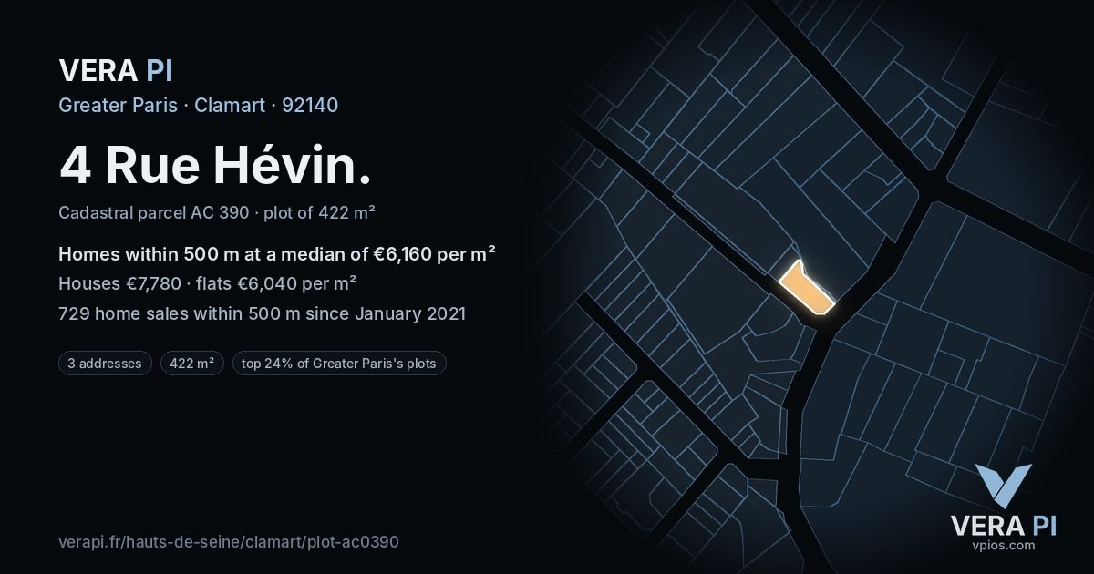 4 Rue Hévin, Clamart at night – the plot lit, the parcels around coloured by the prices near them