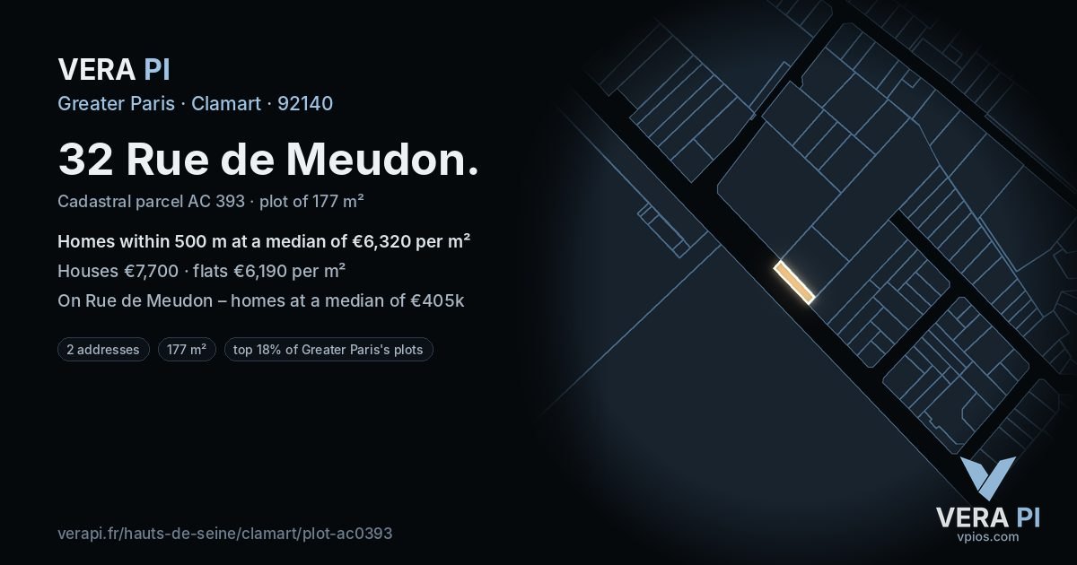 32 Rue de Meudon, Clamart at night – the plot lit, the parcels around coloured by the prices near them