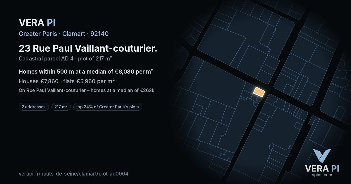 23 Rue Paul Vaillant-couturier, Clamart at night – the plot lit, the parcels around coloured by the prices near them