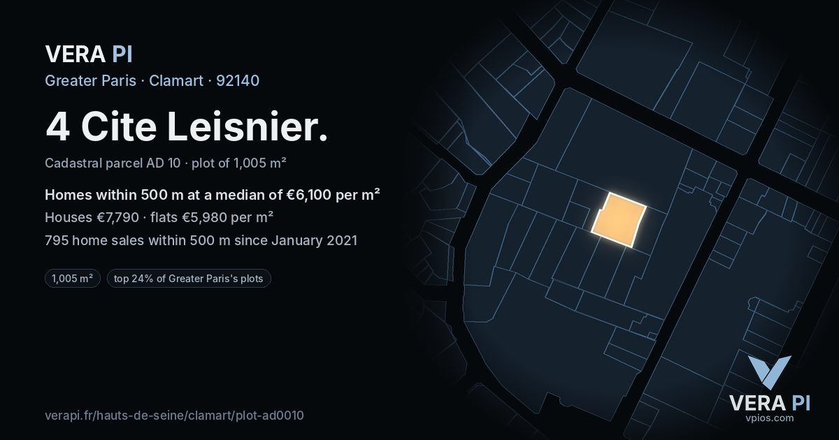 4 Cite Leisnier, Clamart at night – the plot lit, the parcels around coloured by the prices near them
