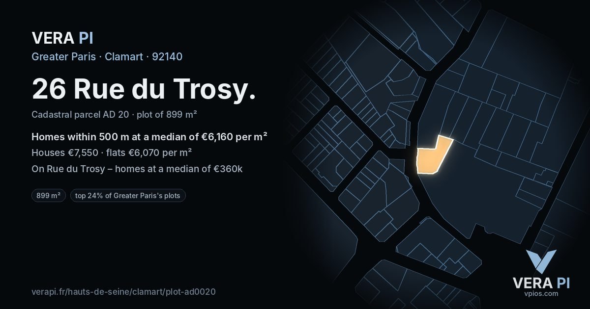 26 Rue du Trosy, Clamart at night – the plot lit, the parcels around coloured by the prices near them