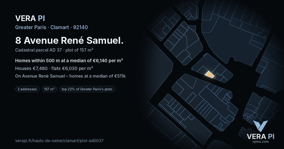 8 Avenue René Samuel, Clamart at night – the plot lit, the parcels around coloured by the prices near them
