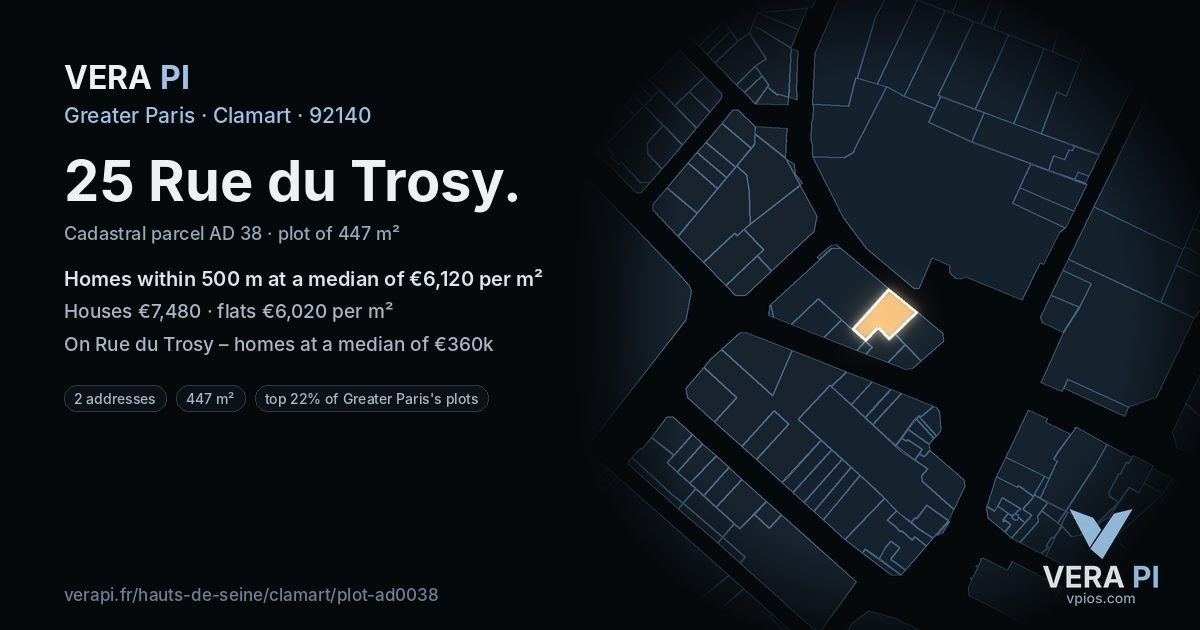 25 Rue du Trosy, Clamart at night – the plot lit, the parcels around coloured by the prices near them
