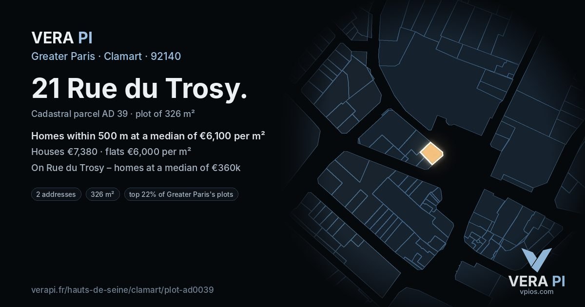 21 Rue du Trosy, Clamart at night – the plot lit, the parcels around coloured by the prices near them