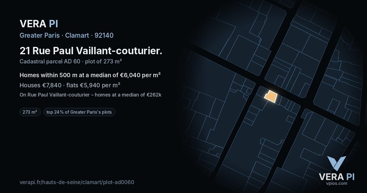 21 Rue Paul Vaillant-couturier, Clamart at night – the plot lit, the parcels around coloured by the prices near them
