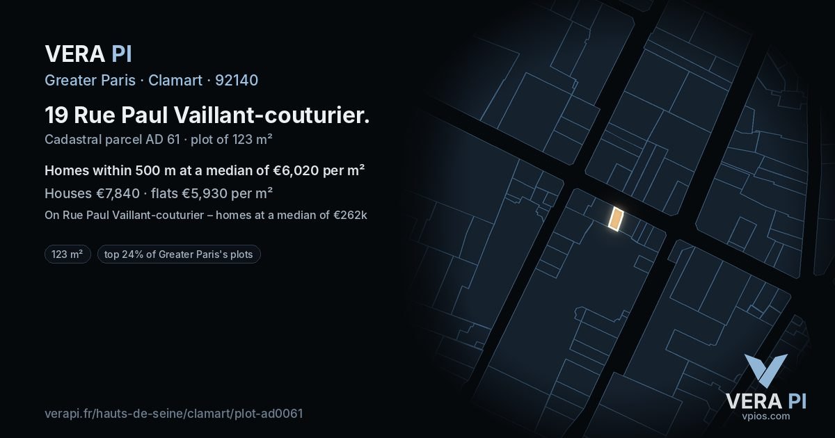 19 Rue Paul Vaillant-couturier, Clamart at night – the plot lit, the parcels around coloured by the prices near them