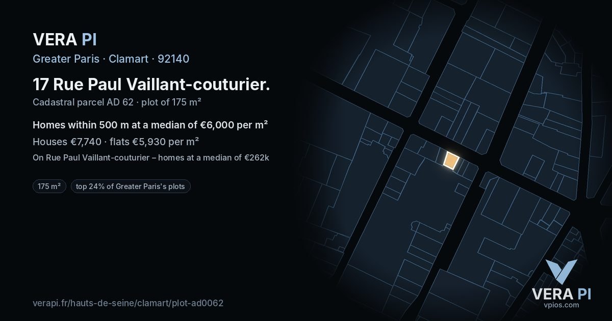 17 Rue Paul Vaillant-couturier, Clamart at night – the plot lit, the parcels around coloured by the prices near them