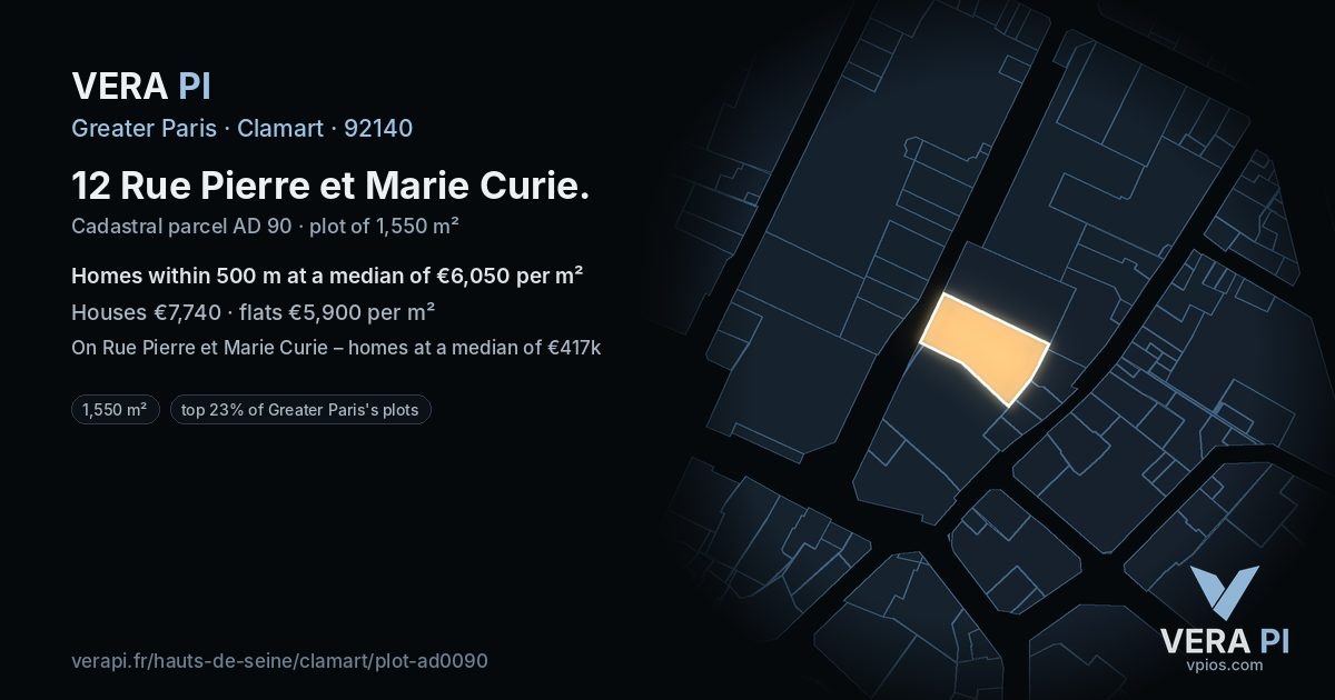 12 Rue Pierre et Marie Curie, Clamart at night – the plot lit, the parcels around coloured by the prices near them