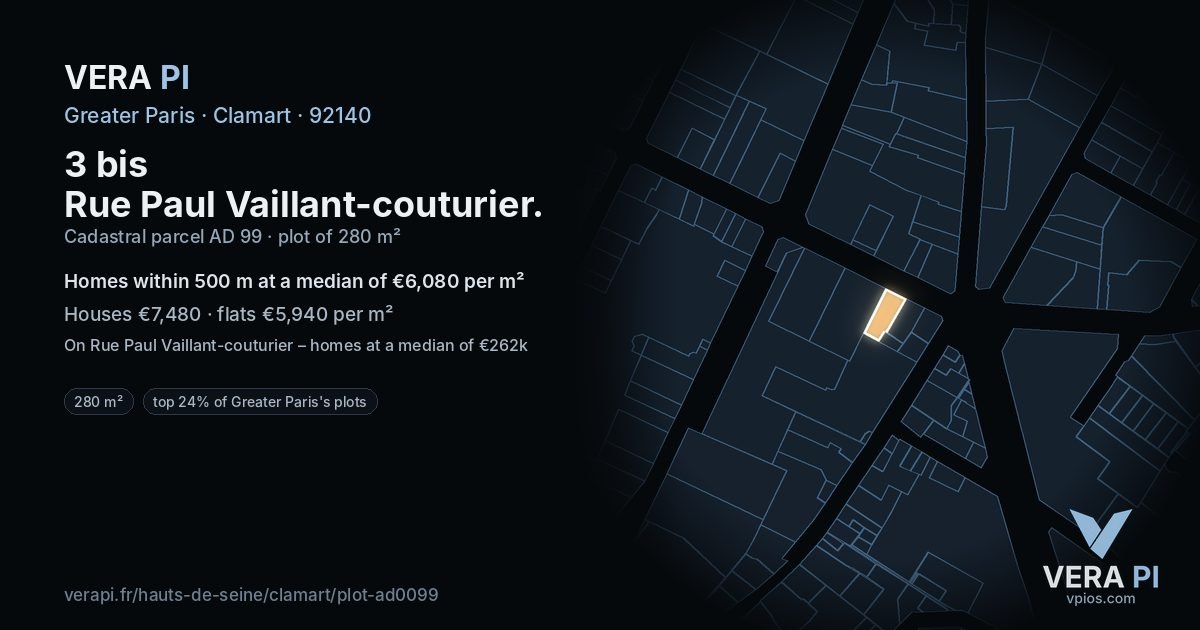 3 bis Rue Paul Vaillant-couturier, Clamart at night – the plot lit, the parcels around coloured by the prices near them