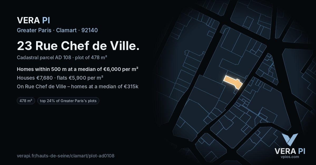 23 Rue Chef de Ville, Clamart at night – the plot lit, the parcels around coloured by the prices near them
