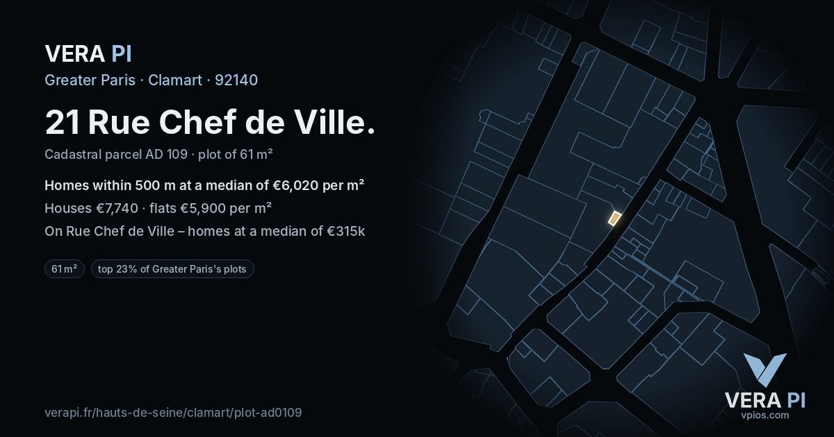 21 Rue Chef de Ville, Clamart at night – the plot lit, the parcels around coloured by the prices near them
