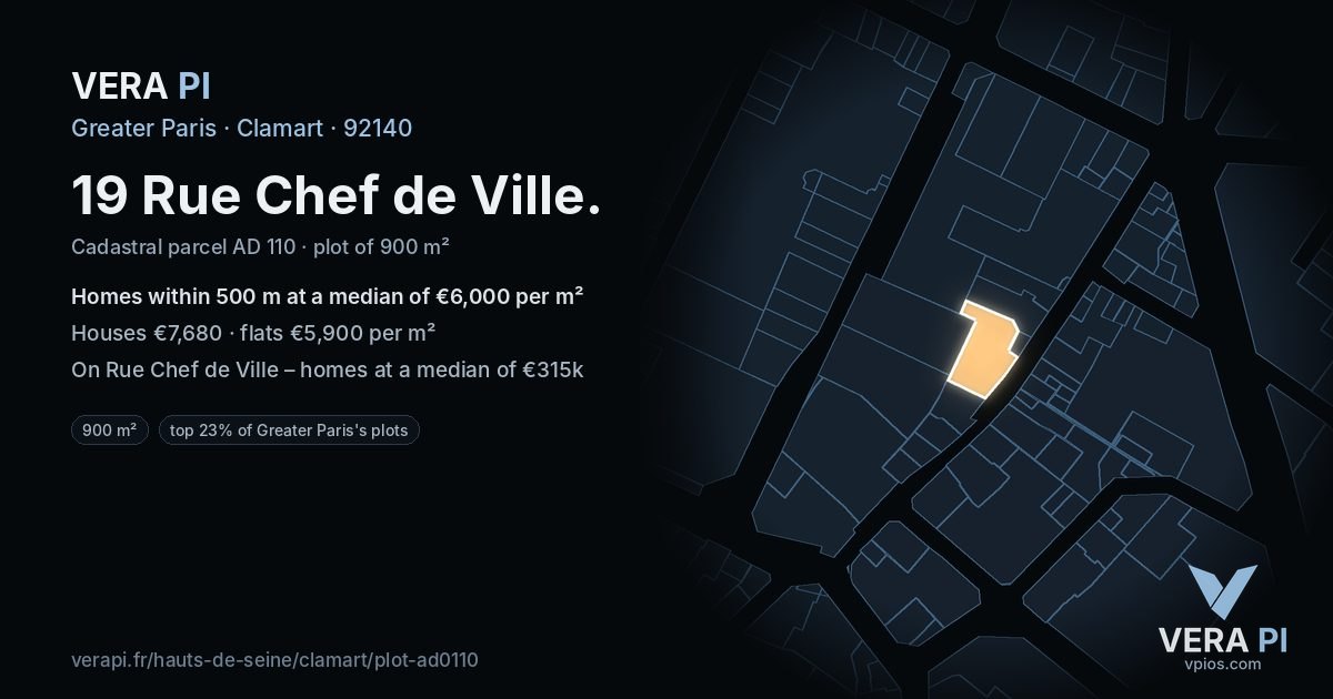19 Rue Chef de Ville, Clamart at night – the plot lit, the parcels around coloured by the prices near them
