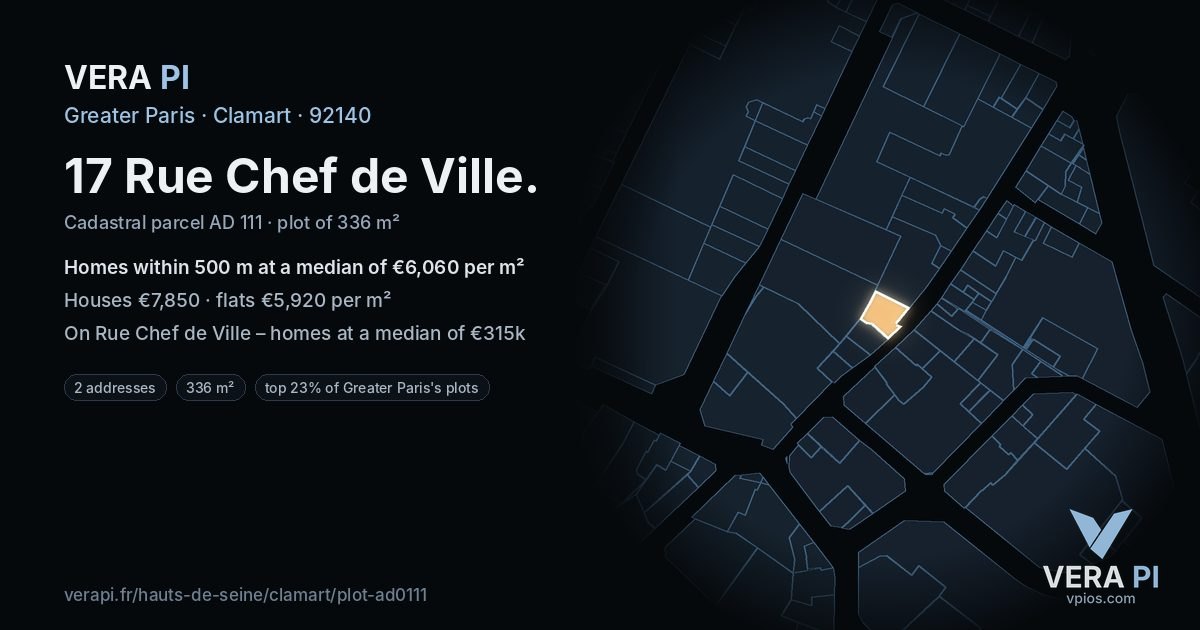 17 Rue Chef de Ville, Clamart at night – the plot lit, the parcels around coloured by the prices near them