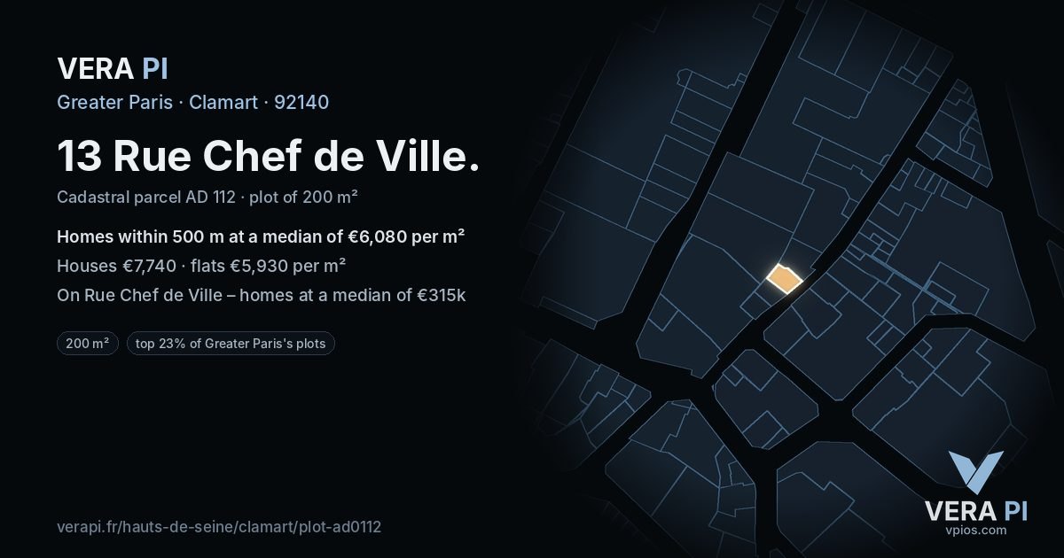 13 Rue Chef de Ville, Clamart at night – the plot lit, the parcels around coloured by the prices near them