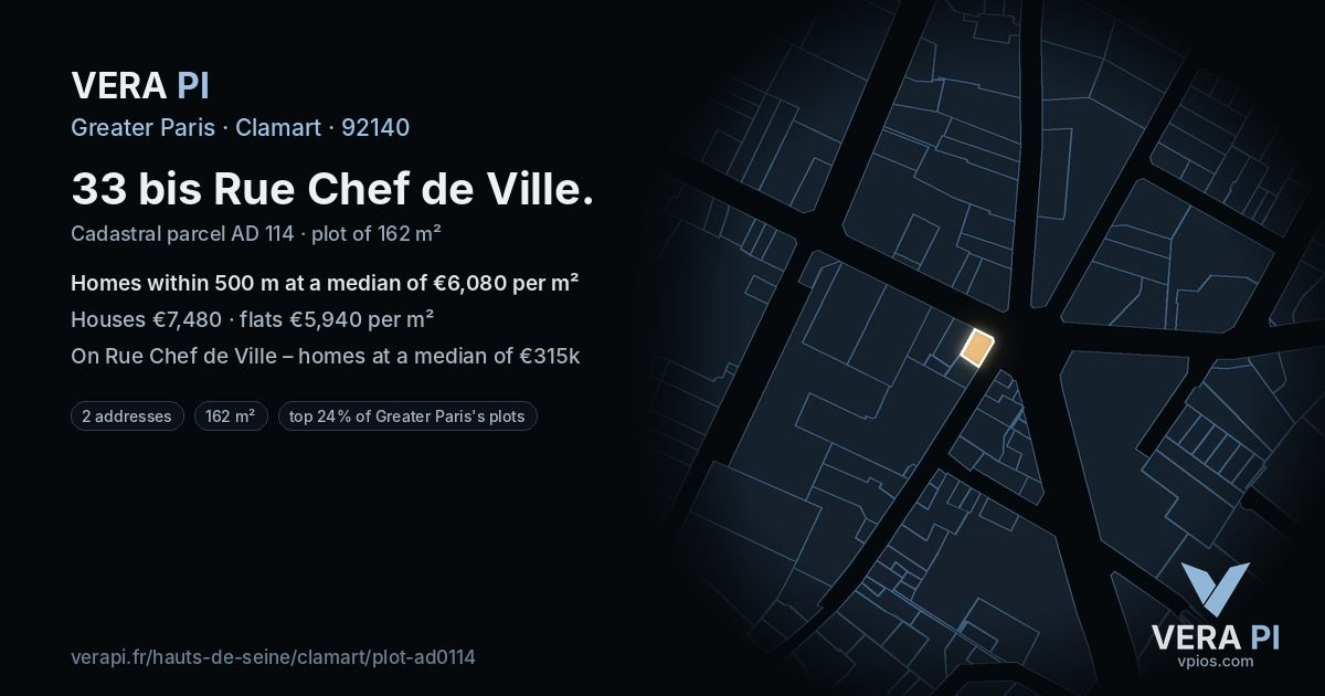 33 bis Rue Chef de Ville, Clamart at night – the plot lit, the parcels around coloured by the prices near them