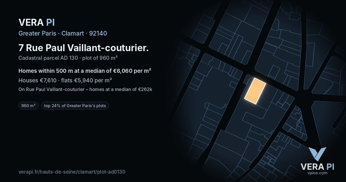 7 Rue Paul Vaillant-couturier, Clamart at night – the plot lit, the parcels around coloured by the prices near them