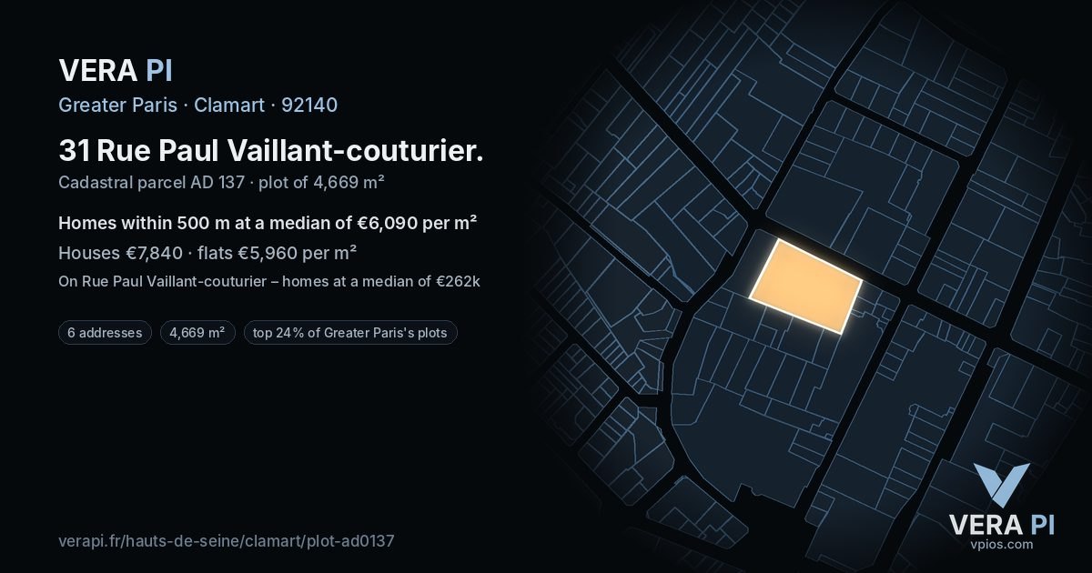 31 Rue Paul Vaillant-couturier, Clamart at night – the plot lit, the parcels around coloured by the prices near them