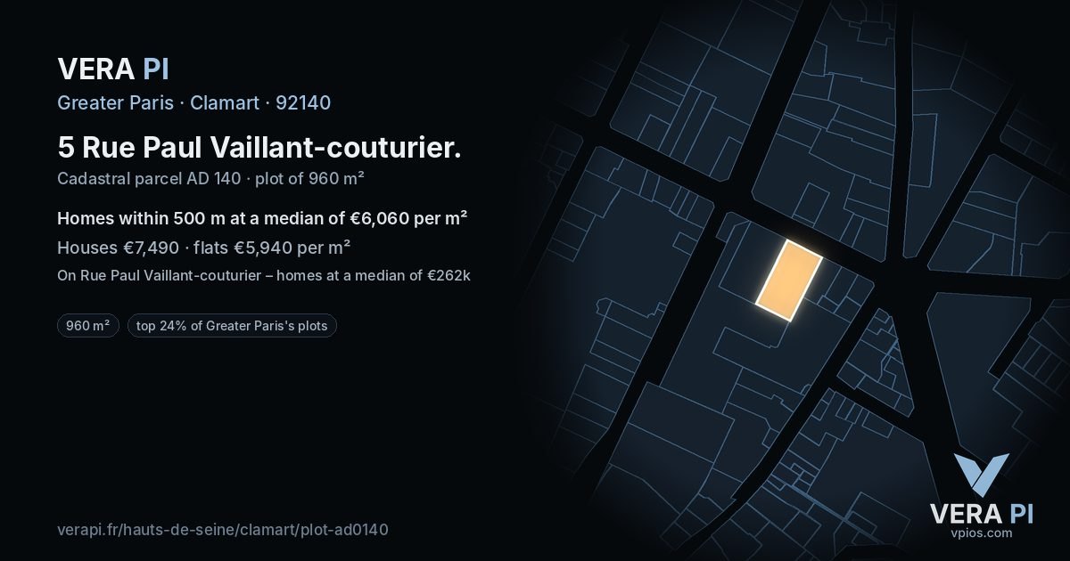 5 Rue Paul Vaillant-couturier, Clamart at night – the plot lit, the parcels around coloured by the prices near them