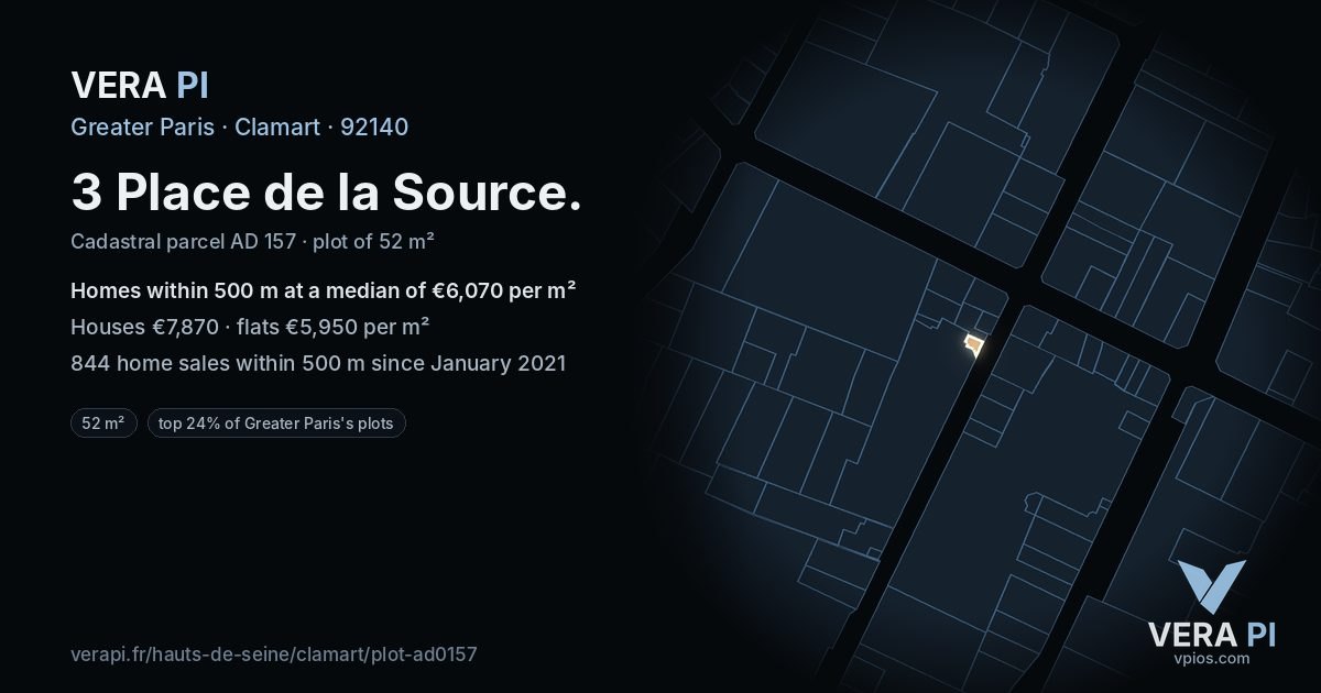 3 Place de la Source, Clamart at night – the plot lit, the parcels around coloured by the prices near them