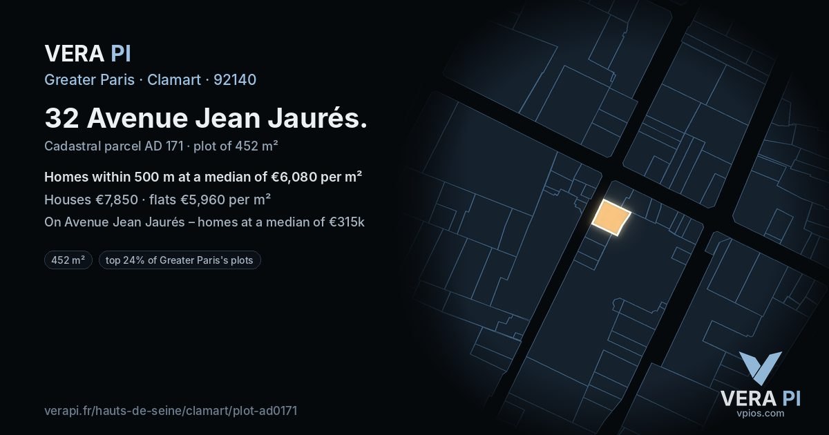 32 Avenue Jean Jaurés, Clamart at night – the plot lit, the parcels around coloured by the prices near them
