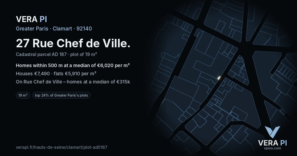 27 Rue Chef de Ville, Clamart at night – the plot lit, the parcels around coloured by the prices near them