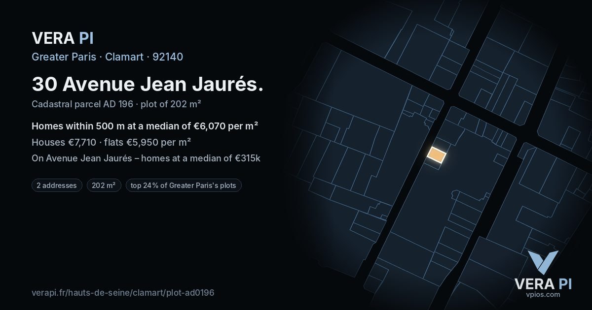 30 Avenue Jean Jaurés, Clamart at night – the plot lit, the parcels around coloured by the prices near them