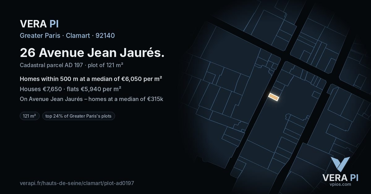 26 Avenue Jean Jaurés, Clamart at night – the plot lit, the parcels around coloured by the prices near them