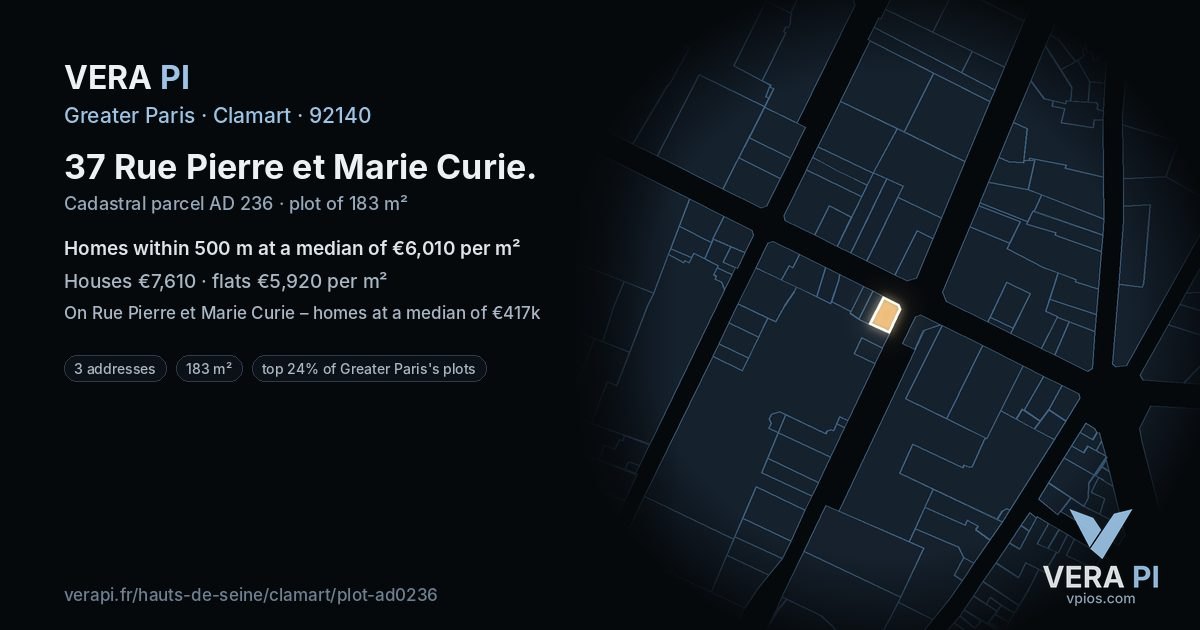 37 Rue Pierre et Marie Curie, Clamart at night – the plot lit, the parcels around coloured by the prices near them