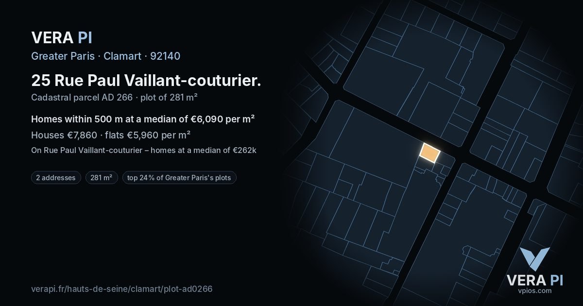 25 Rue Paul Vaillant-couturier, Clamart at night – the plot lit, the parcels around coloured by the prices near them