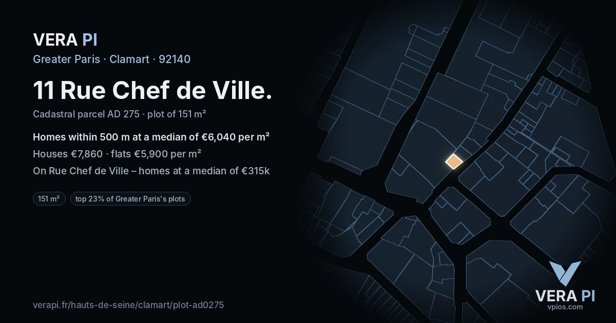 11 Rue Chef de Ville, Clamart at night – the plot lit, the parcels around coloured by the prices near them
