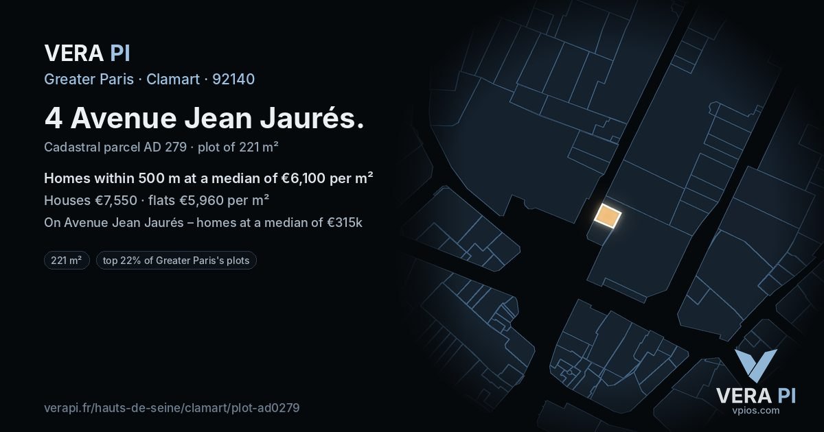 4 Avenue Jean Jaurés, Clamart at night – the plot lit, the parcels around coloured by the prices near them