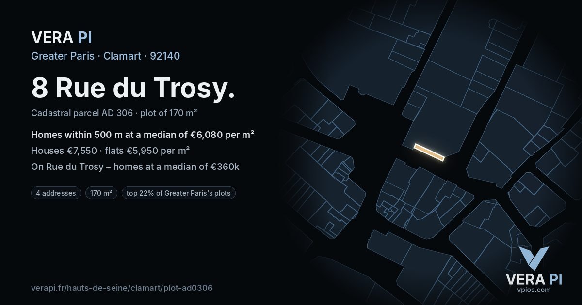 8 Rue du Trosy, Clamart at night – the plot lit, the parcels around coloured by the prices near them