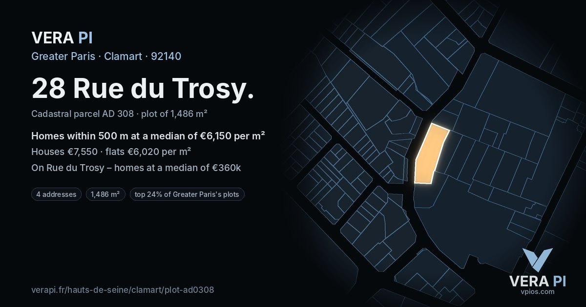 28 Rue du Trosy, Clamart at night – the plot lit, the parcels around coloured by the prices near them