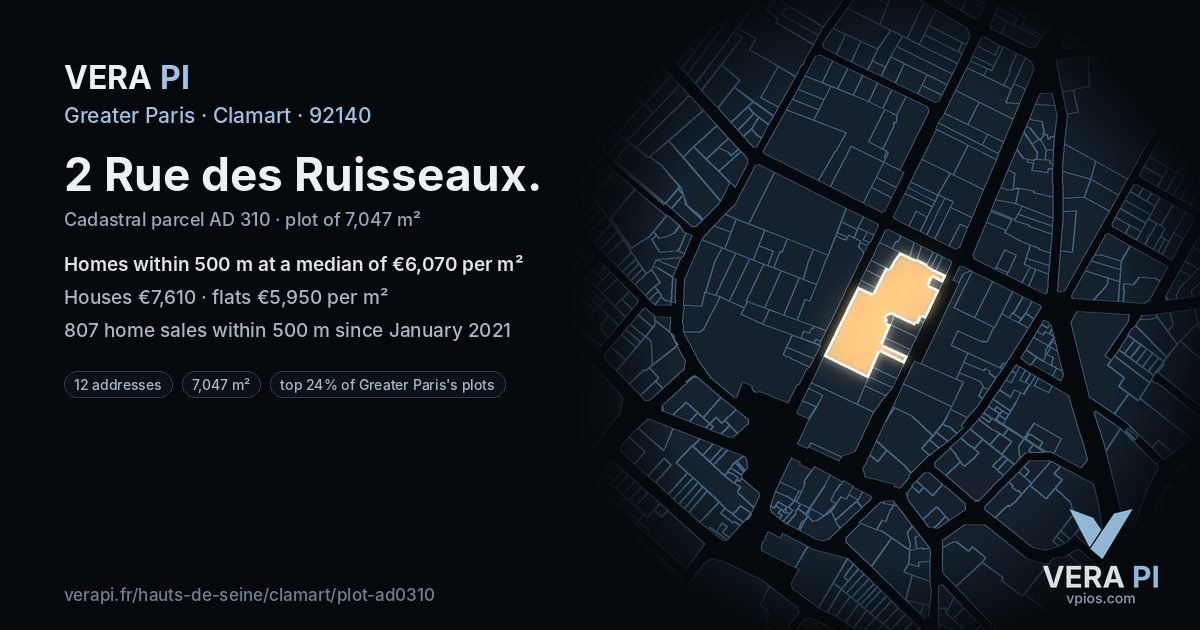 2 Rue des Ruisseaux, Clamart at night – the plot lit, the parcels around coloured by the prices near them