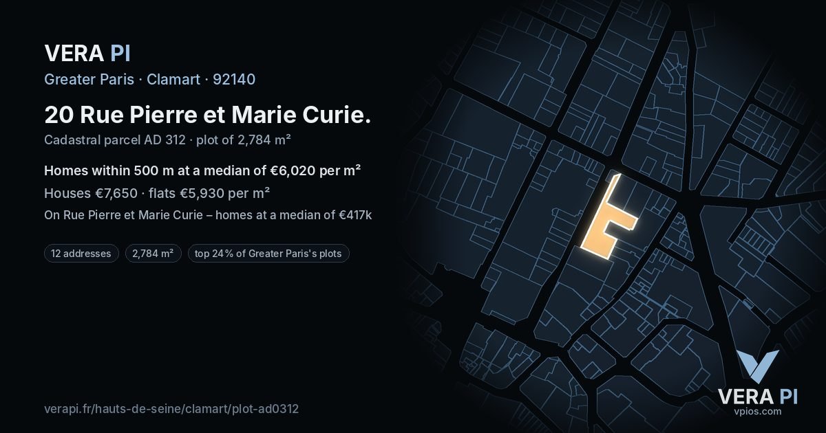 20 Rue Pierre et Marie Curie, Clamart at night – the plot lit, the parcels around coloured by the prices near them