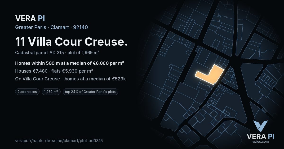 11 Villa Cour Creuse, Clamart at night – the plot lit, the parcels around coloured by the prices near them