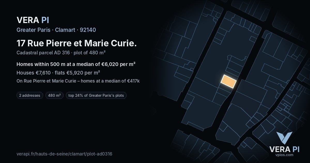 17 Rue Pierre et Marie Curie, Clamart at night – the plot lit, the parcels around coloured by the prices near them