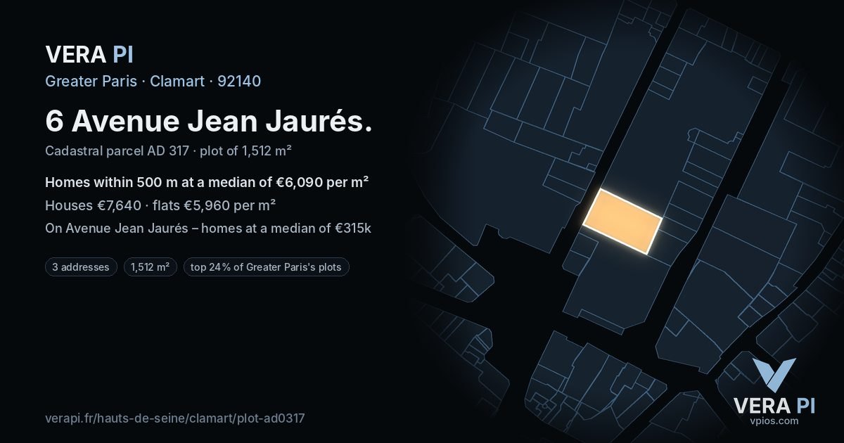6 Avenue Jean Jaurés, Clamart at night – the plot lit, the parcels around coloured by the prices near them