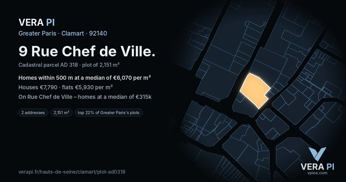 9 Rue Chef de Ville, Clamart at night – the plot lit, the parcels around coloured by the prices near them