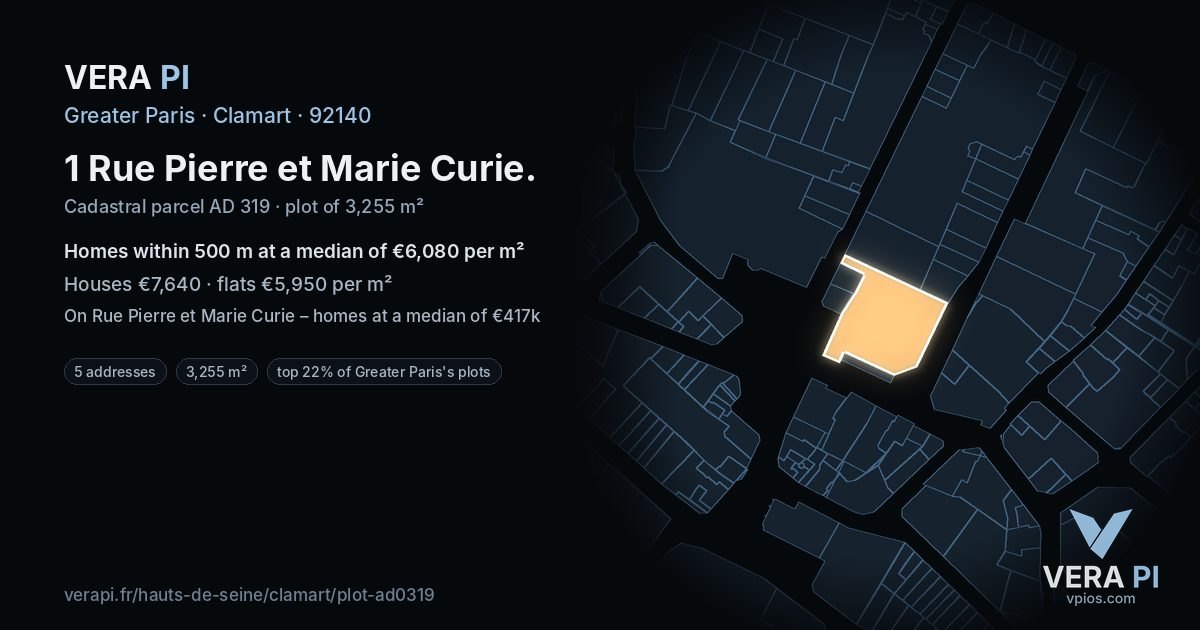 1 Rue Pierre et Marie Curie, Clamart at night – the plot lit, the parcels around coloured by the prices near them