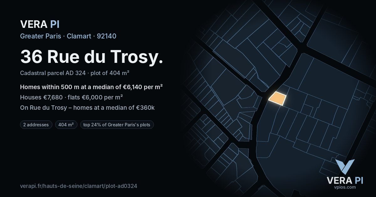 36 Rue du Trosy, Clamart at night – the plot lit, the parcels around coloured by the prices near them