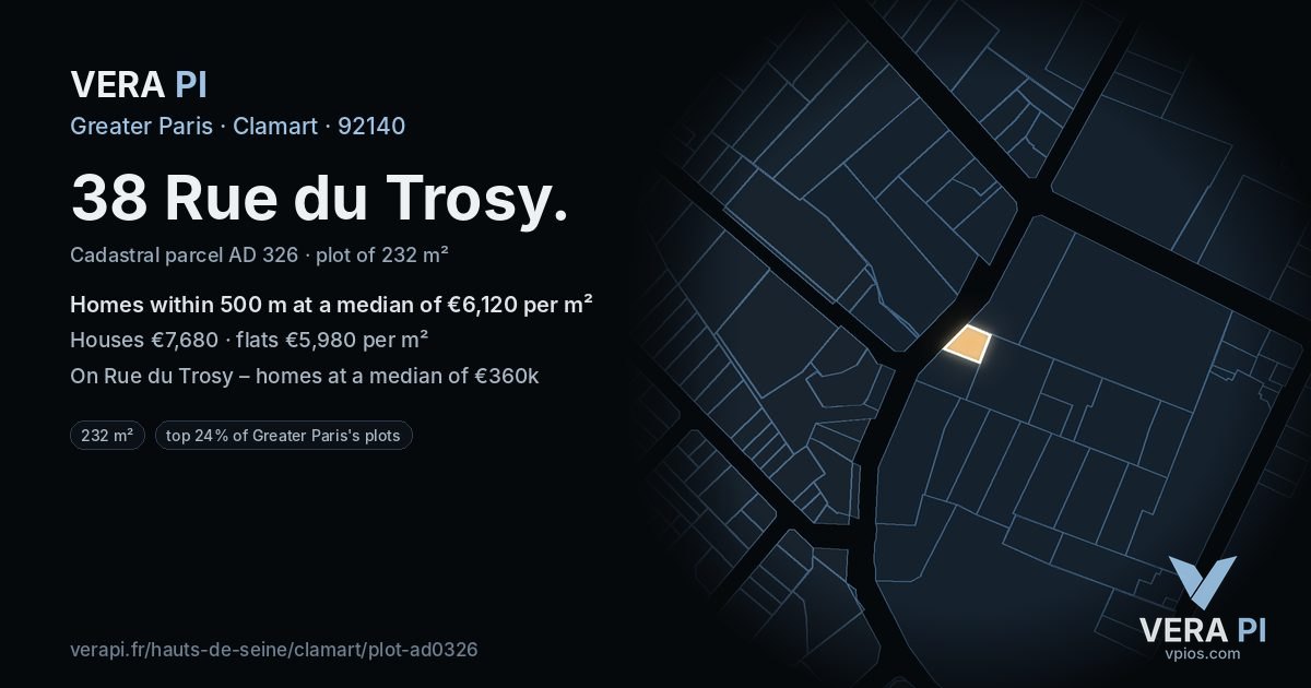 38 Rue du Trosy, Clamart at night – the plot lit, the parcels around coloured by the prices near them