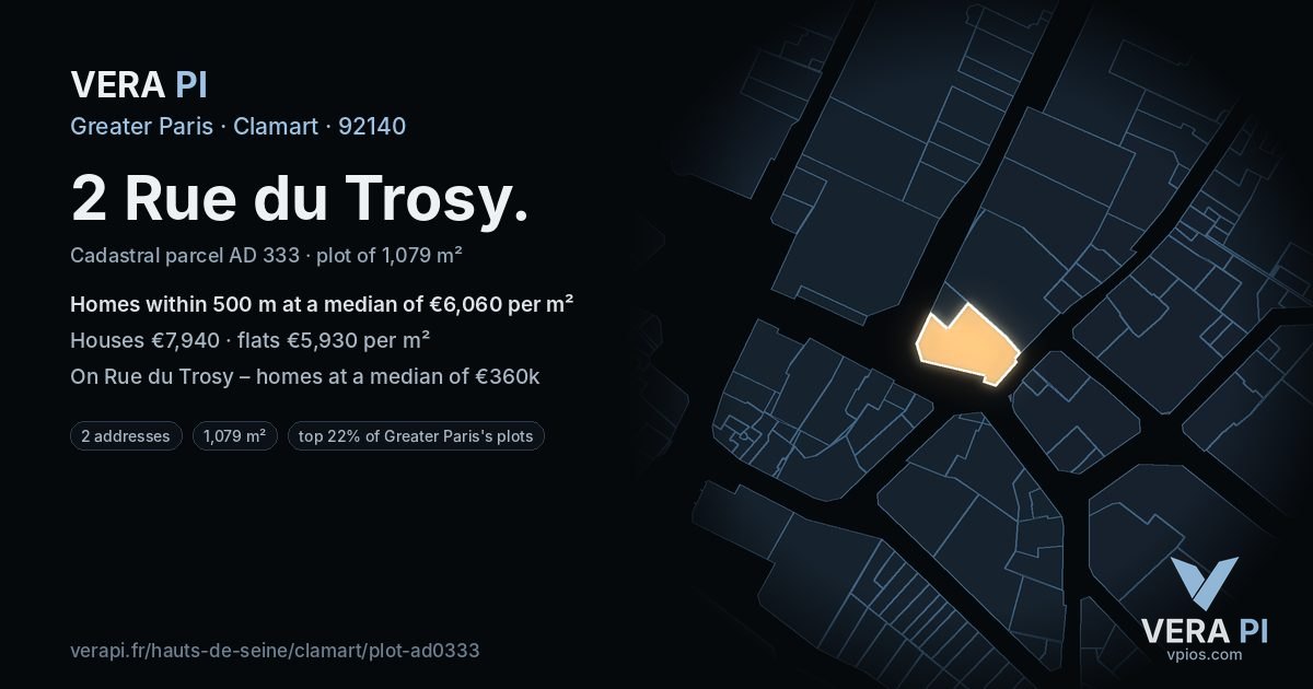2 Rue du Trosy, Clamart at night – the plot lit, the parcels around coloured by the prices near them