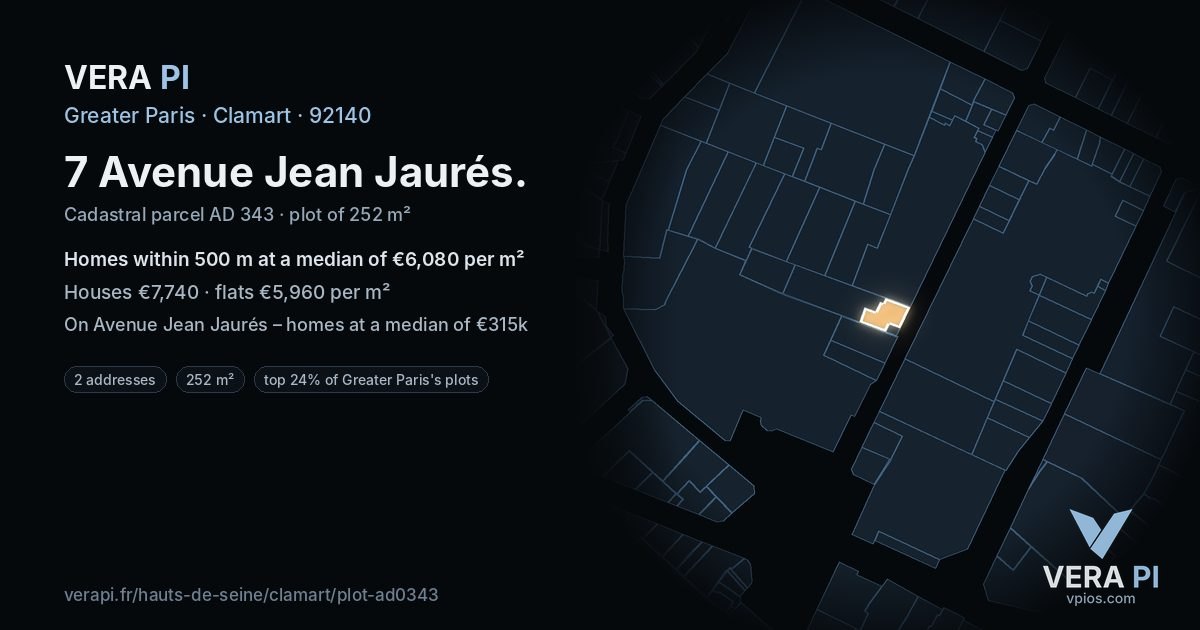 7 Avenue Jean Jaurés, Clamart at night – the plot lit, the parcels around coloured by the prices near them