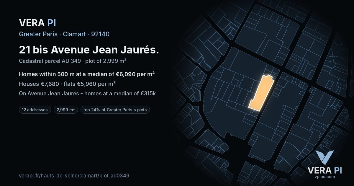 21 bis Avenue Jean Jaurés, Clamart at night – the plot lit, the parcels around coloured by the prices near them