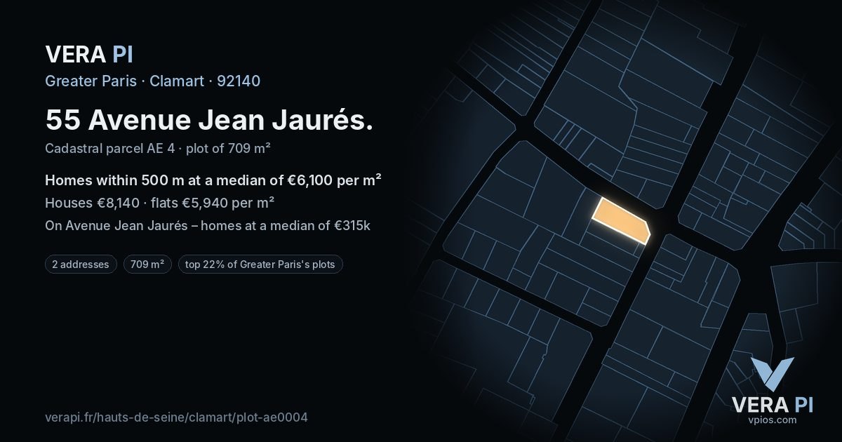 55 Avenue Jean Jaurés, Clamart at night – the plot lit, the parcels around coloured by the prices near them