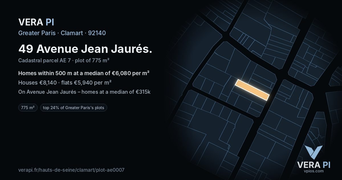49 Avenue Jean Jaurés, Clamart at night – the plot lit, the parcels around coloured by the prices near them
