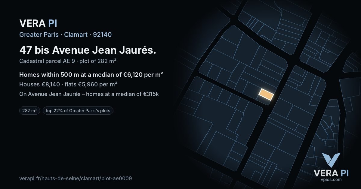47 bis Avenue Jean Jaurés, Clamart at night – the plot lit, the parcels around coloured by the prices near them