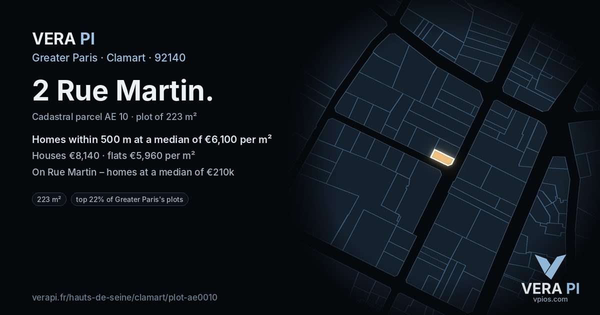 2 Rue Martin, Clamart at night – the plot lit, the parcels around coloured by the prices near them
